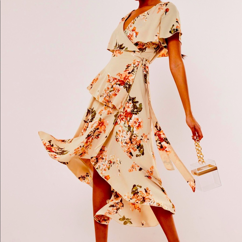 Nude (Blush) Colored Floral Wrap Dress